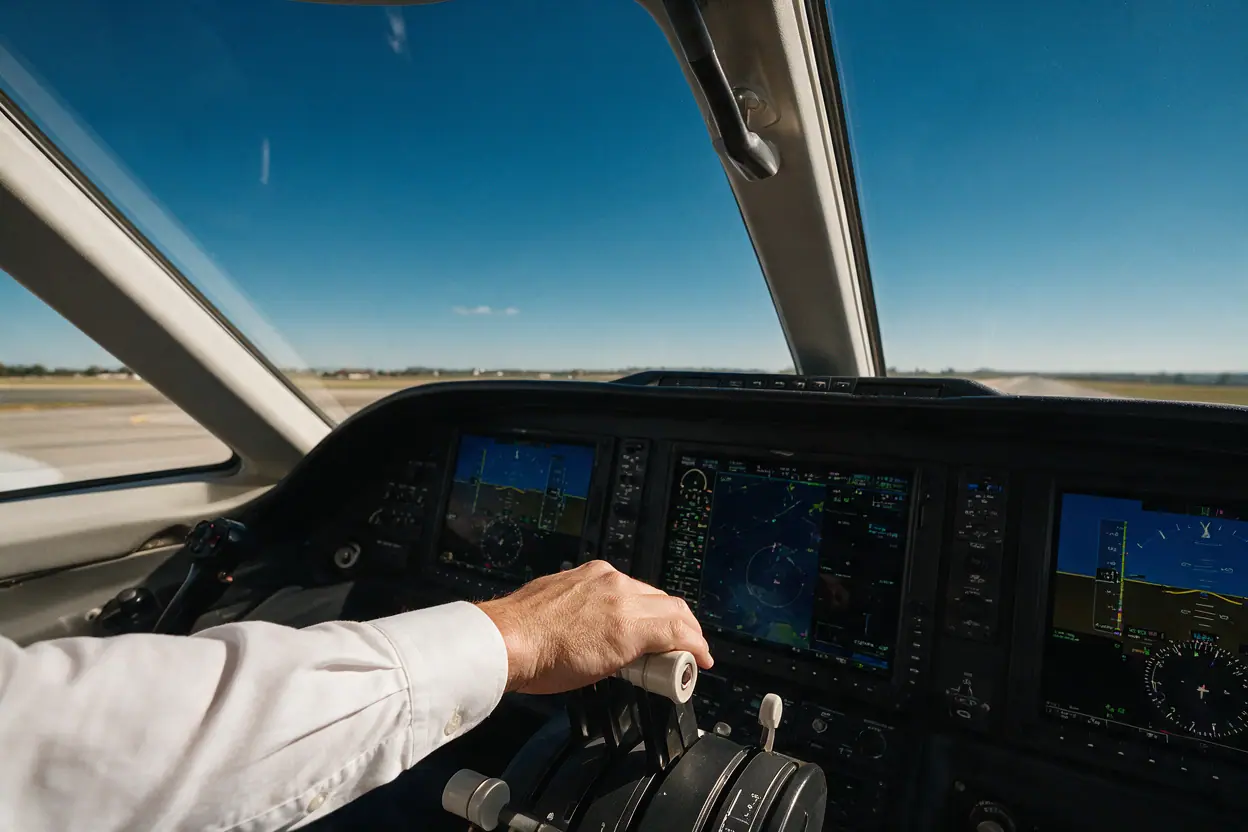Business jet cockpit before departure
